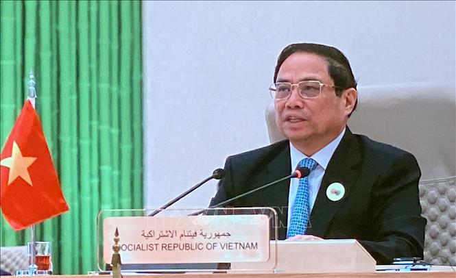 Thủ tướng Phạm Minh Chính phát biểu tại Hội nghị Cấp cao ASEAN-Hội đồng hợp tác Vùng Vịnh (GCC) - Ảnh: VGP