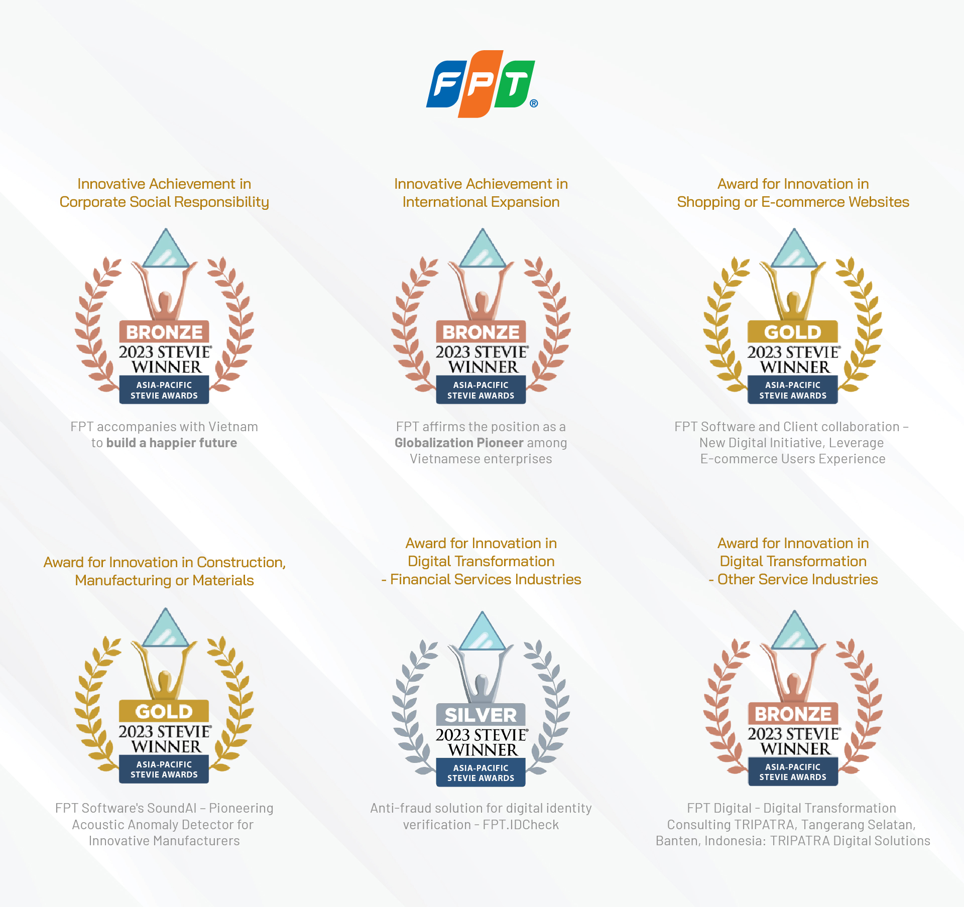 Asia-Pacific Stevie Awards 2023 vinh danh FPT về “những giá trị hạnh phúc” kiến tạo cho cộng đồng - Ảnh 2. Asia-Pacific Stevie Awards 2023 vinh danh FPT về “những giá trị hạnh phúc” kiến tạo cho cộng đồng - Ảnh 2.