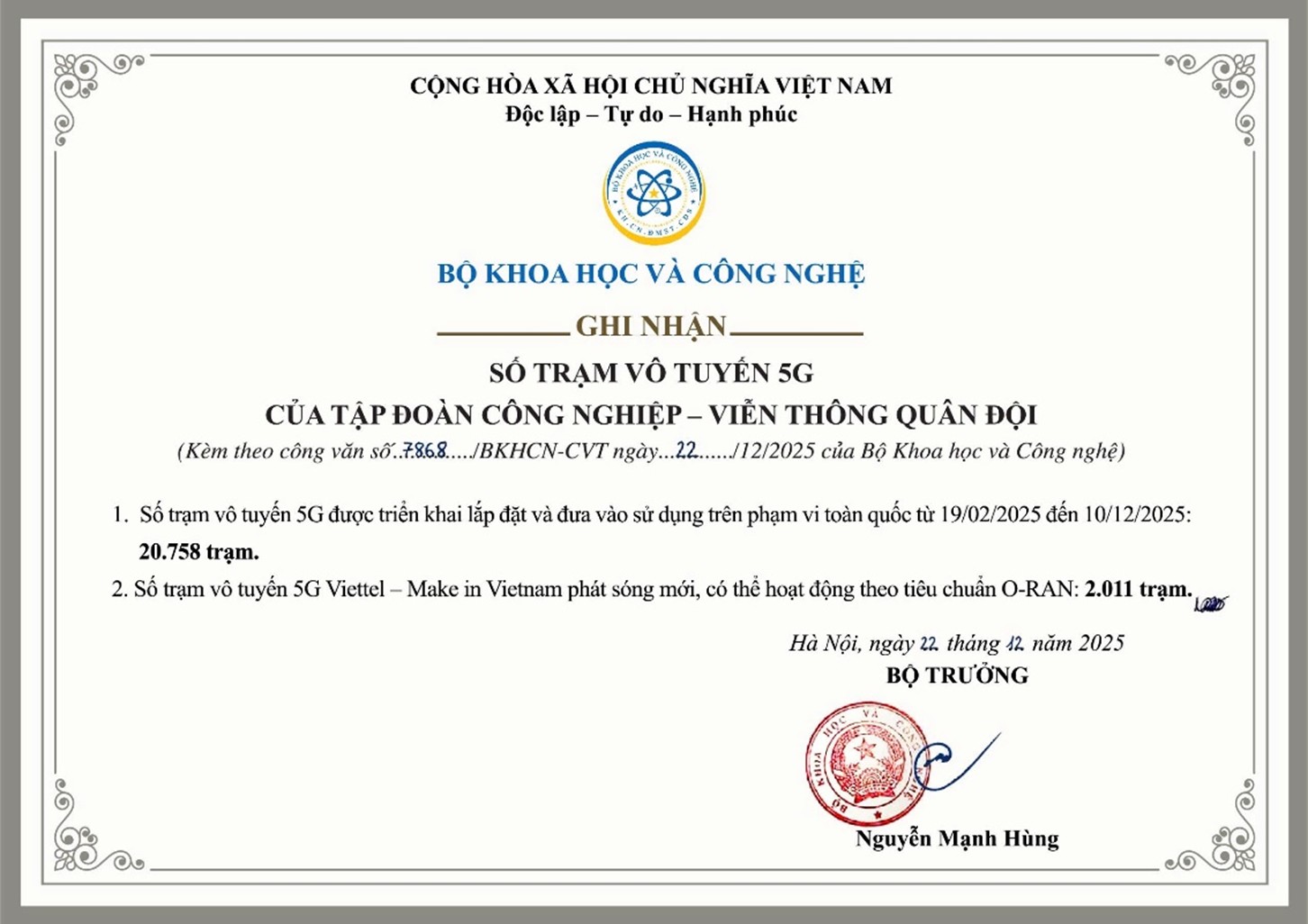 Bộ Khoa học và Công nghệ ghi nhận Viettel hoàn thành cam kết triển khai mạng 5G- Ảnh 1.