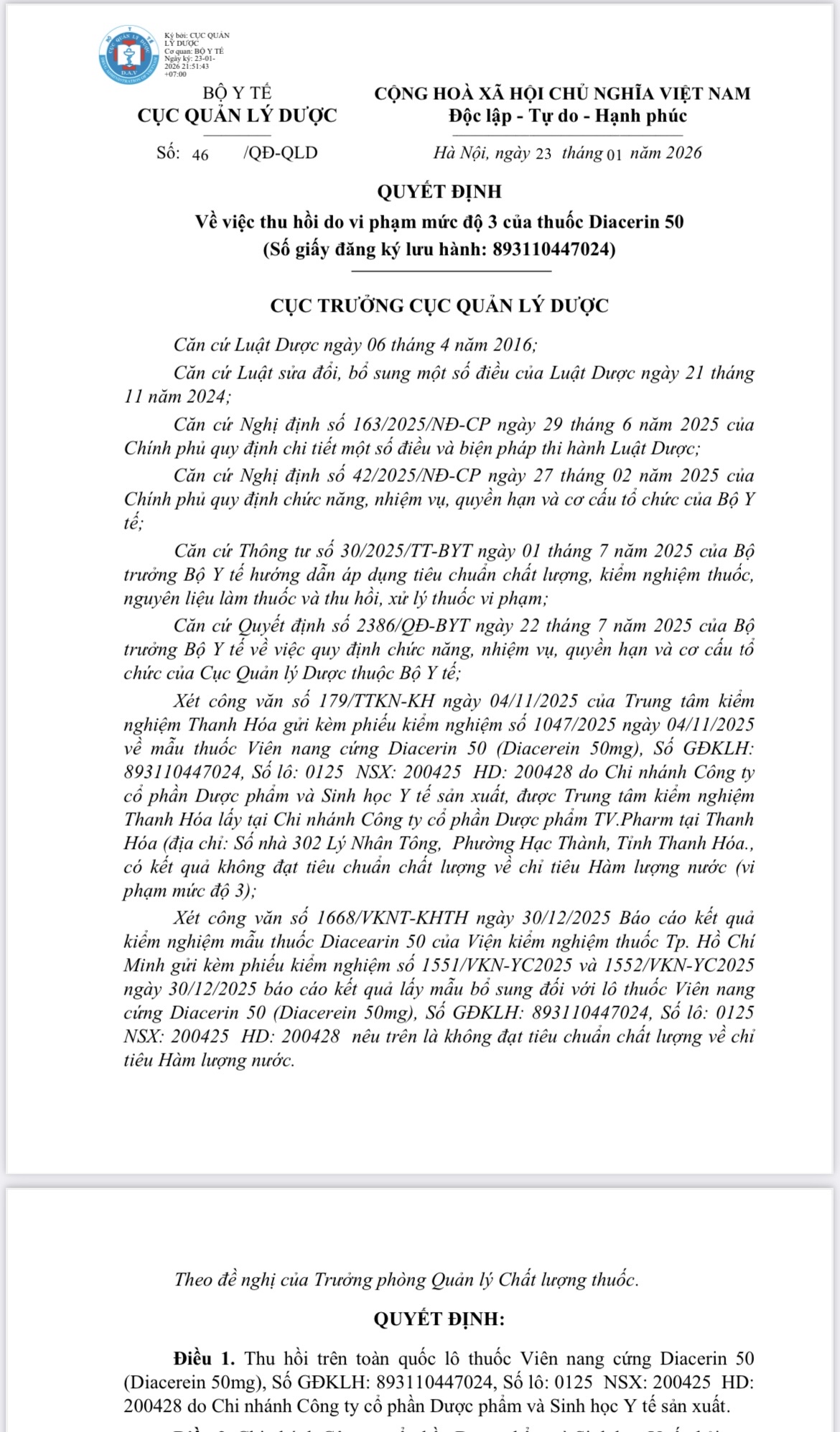 Thu hồi toàn quốc lô thuốc Diacerin 50 do vi phạm chất lượng- Ảnh 1.