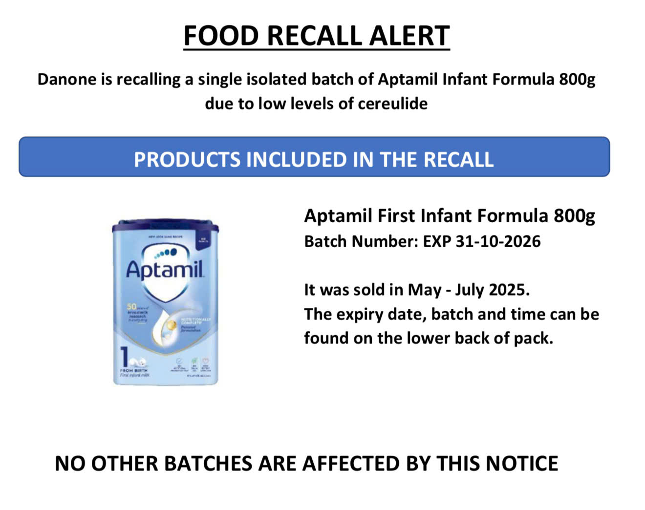 Cảnh báo ngừng sử dụng sữa Aptamil Infant Formula 800g do nhiễm độc tố- Ảnh 1.
