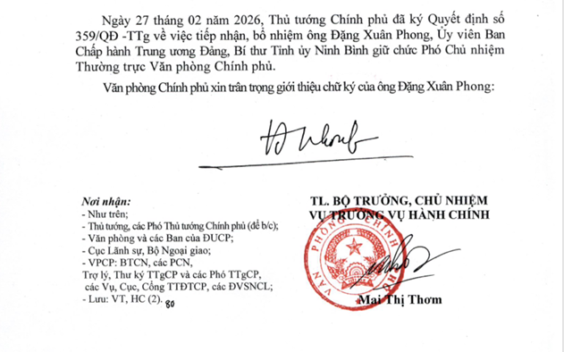 Giới thiệu chữ ký của Phó Chủ nhiệm Thường trực Văn phòng Chính phủ