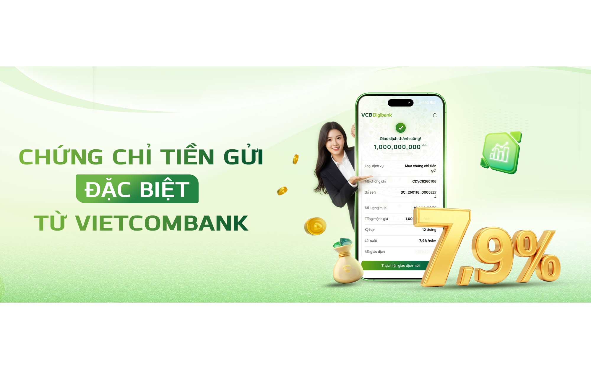 Vietcombank phát hành chứng chỉ tiền gửi trực tuyến lãi tới 7,9%/năm