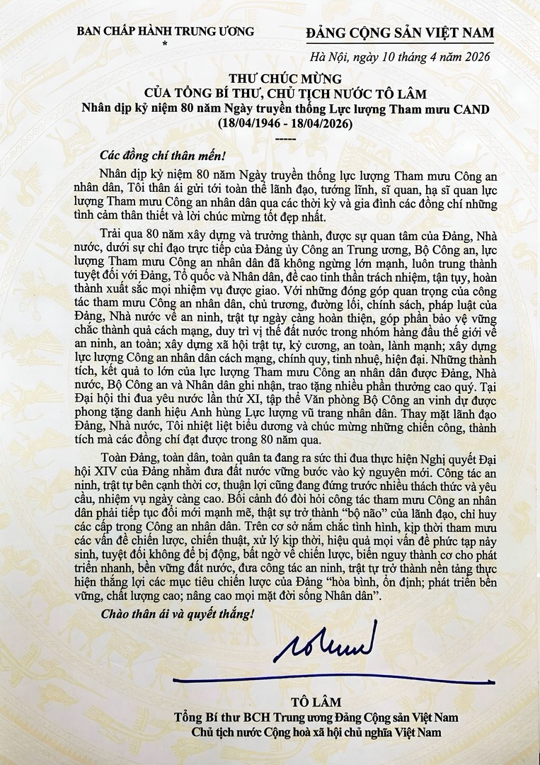 Tổng Bí thư, Chủ tịch nước Tô Lâm gửi thư chúc mừng Ngày truyền thống lực lượng tham mưu Công an nhân dân- Ảnh 1.