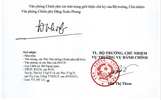 Giới thiệu chữ ký của Bộ trưởng, Chủ nhiệm và Phó Chủ nhiệm Văn phòng Chính phủ