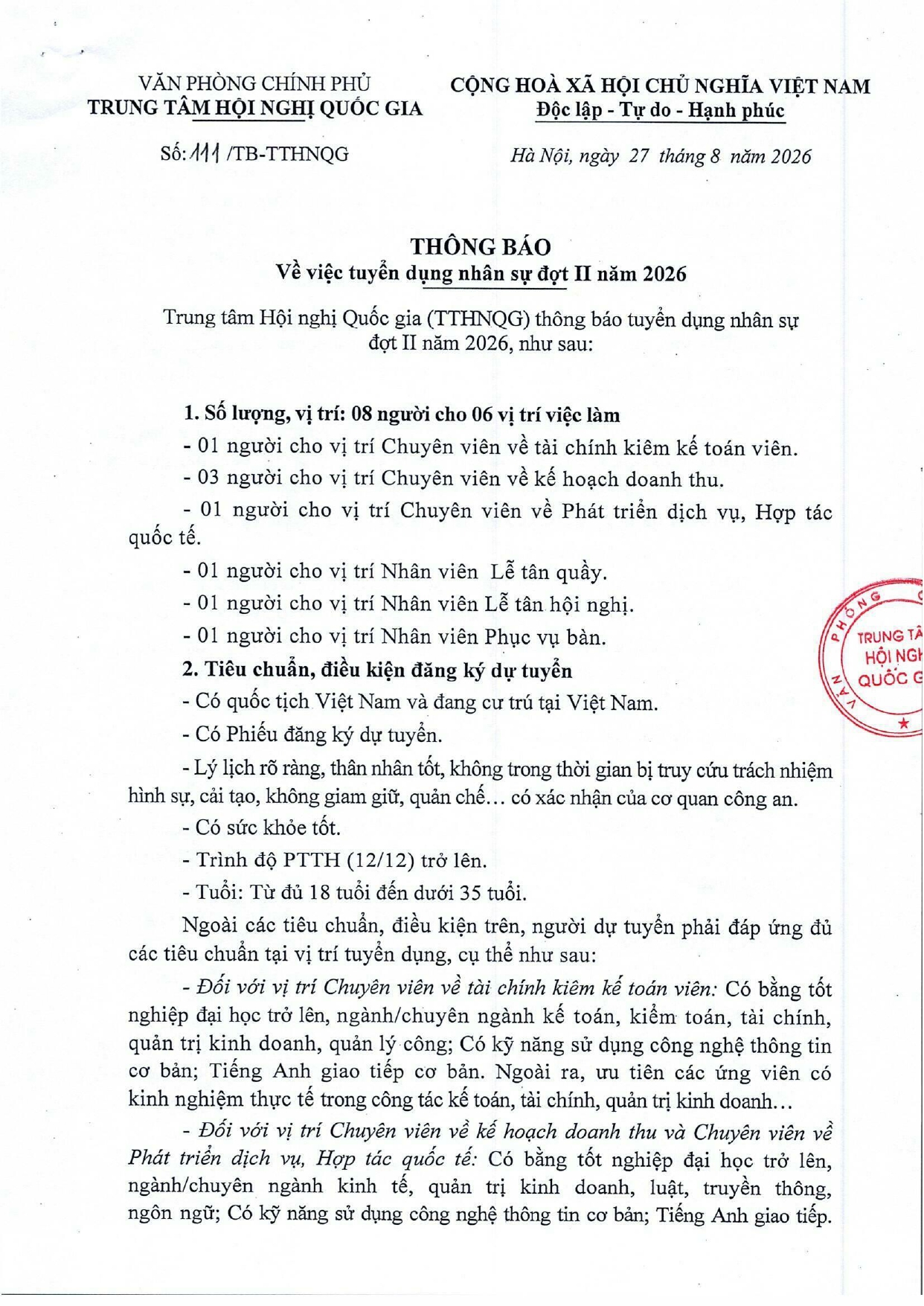 Trung tâm Hội nghị Quốc gia, Văn phòng Chính phủ tuyển dụng nhân sự đợt II năm 2026- Ảnh 2.