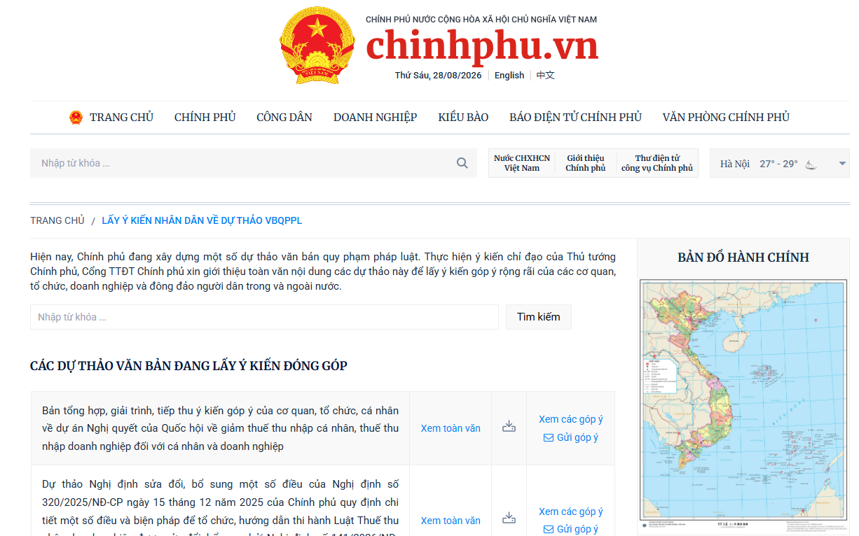 Bổ sung yêu cầu đăng tải, lấy ý kiến đối với dự án luật, pháp lệnh trên Cổng Thông tin điện tử Chính phủ