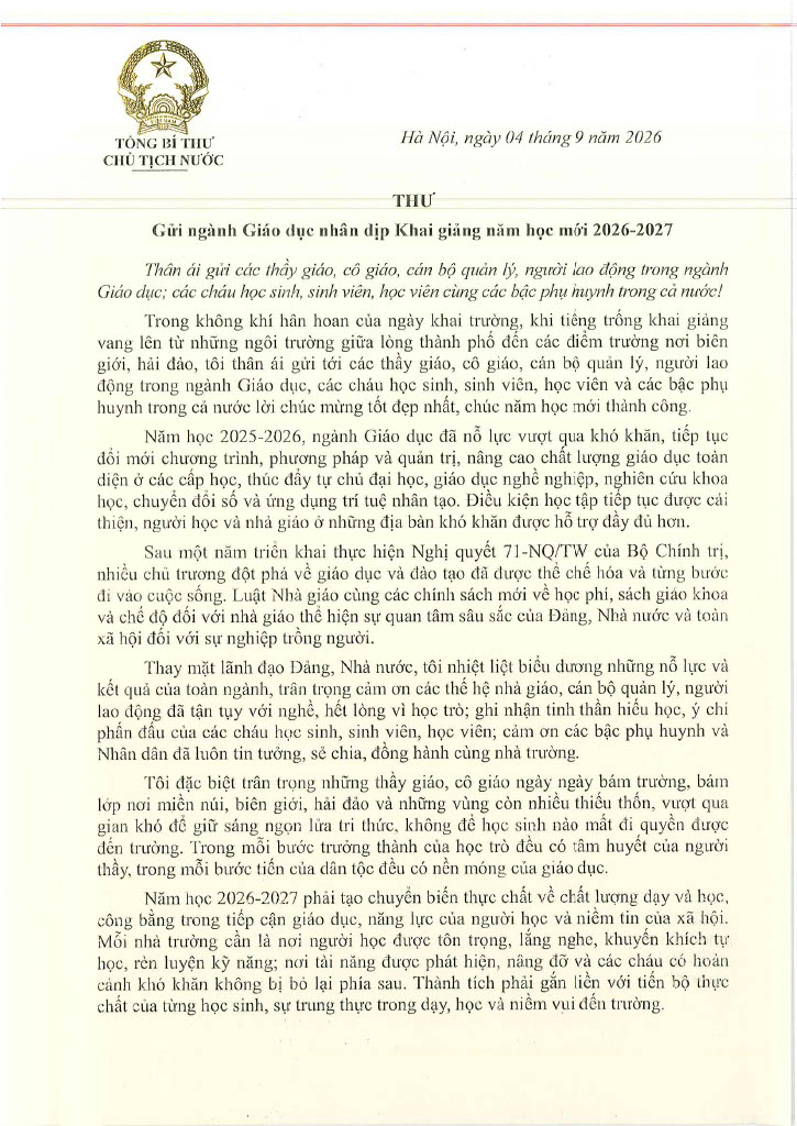 Thư của Tổng Bí thư, Chủ tịch nước Tô Lâm gửi ngành giáo dục nhân dịp Khai giảng năm học mới 2026-2027- Ảnh 1.