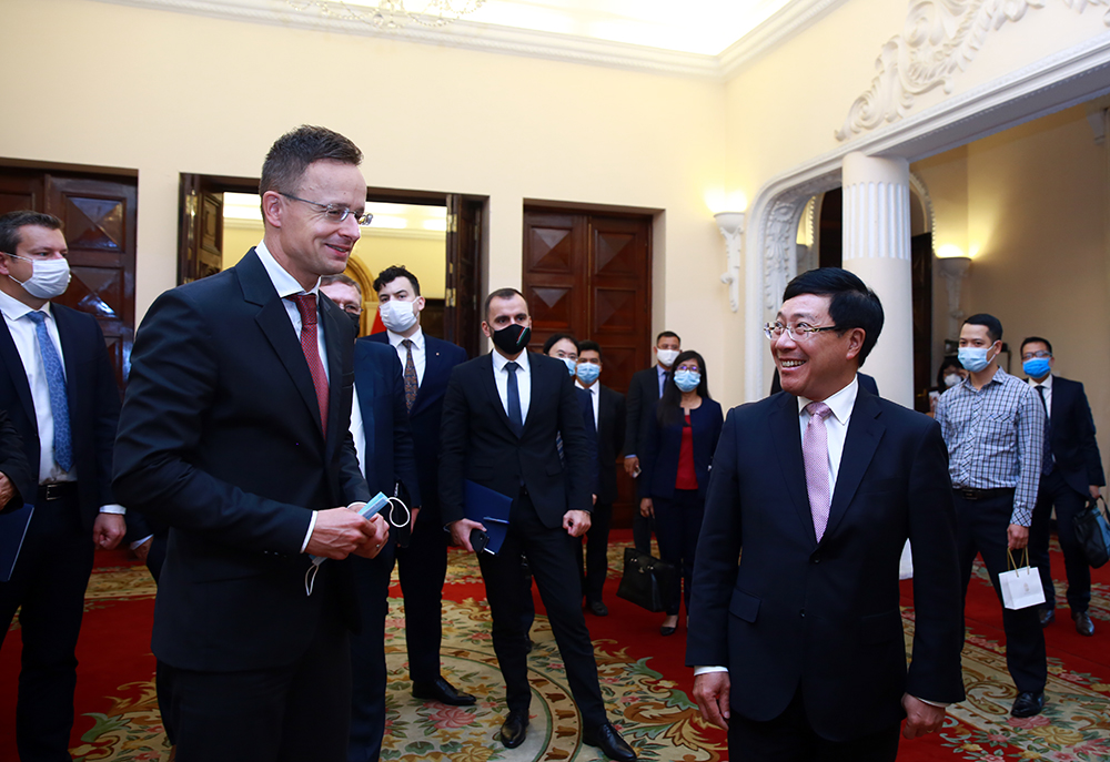Ảnh: Phó Thủ tướng Phạm Bình Minh hội đàm với Bộ trưởng Ngoại giao Hungary