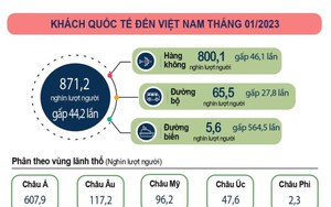 Tháng đầu năm 2023: Cả nước đón hơn 871.000 lượt khách quốc tế