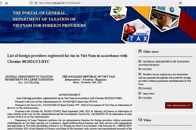 Công bố danh sách 39 nhà cung cấp nước ngoài đăng ký thuế tại Việt Nam - Ảnh 1.