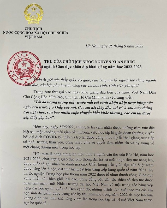 Chủ tịch nước gửi thư chúc mừng nhân dịp khai giảng năm học 2022-2023 - Ảnh 1.