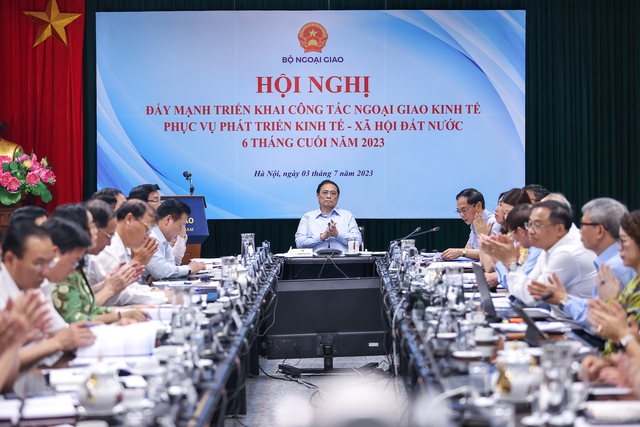 Thủ tướng Phạm Minh Chính chủ trì Hội nghị đẩy mạnh triển khai công tác ngoại giao kinh tế phục vụ phát triển kinh tế - xã hội đất nước 6 tháng cuối năm 2023 - Ảnh: VGP/Nhật Bắc