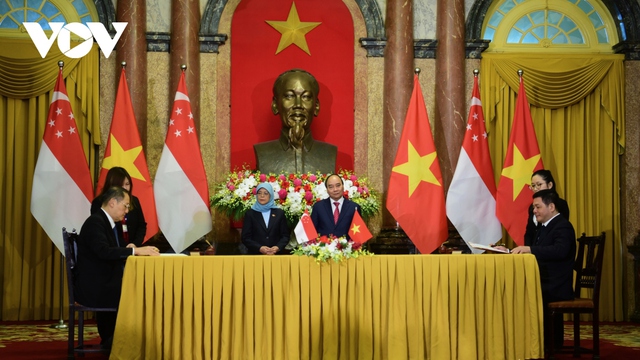 Vietnamese President hosts official welcome ceremony for Singaporean counterpart  - Ảnh 9.