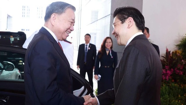 [Photos] - Official welcome ceremony for Vietnamese Party chief in Singapore- Ảnh 1.