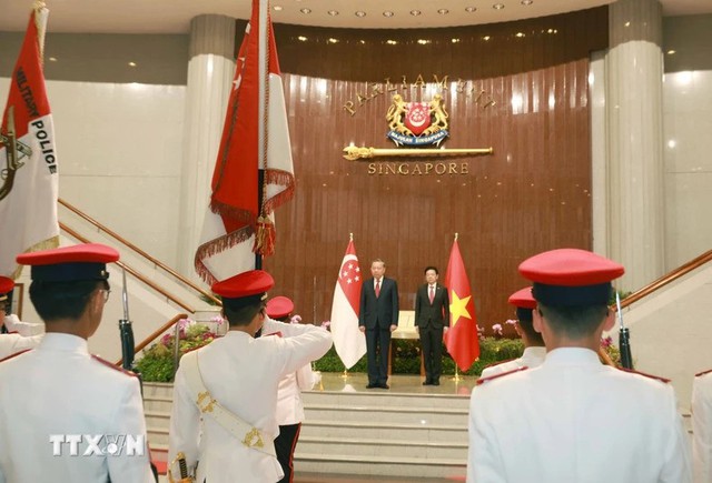 [Photos] - Official welcome ceremony for Vietnamese Party chief in Singapore- Ảnh 5.