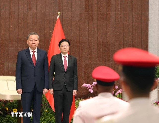 [Photos] - Official welcome ceremony for Vietnamese Party chief in Singapore- Ảnh 6.