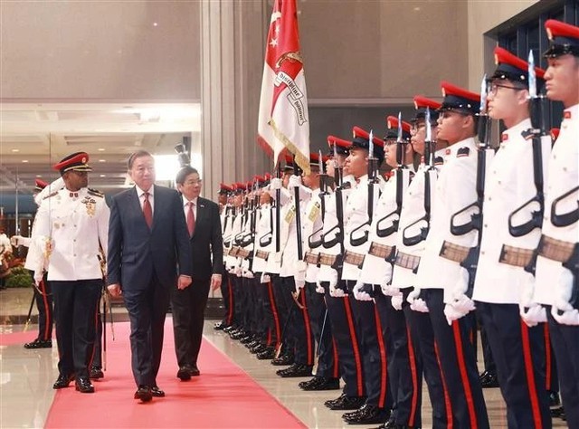 [Photos] - Official welcome ceremony for Vietnamese Party chief in Singapore- Ảnh 7.