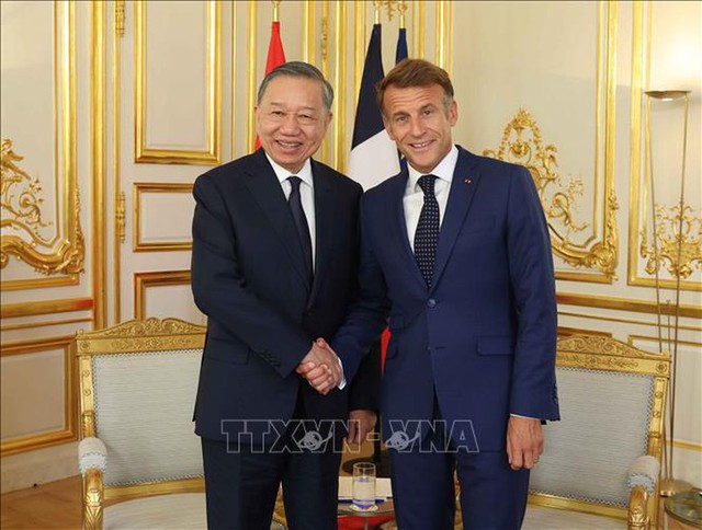 Top leader holds talks with French President Macron in Paris - Ảnh 1.