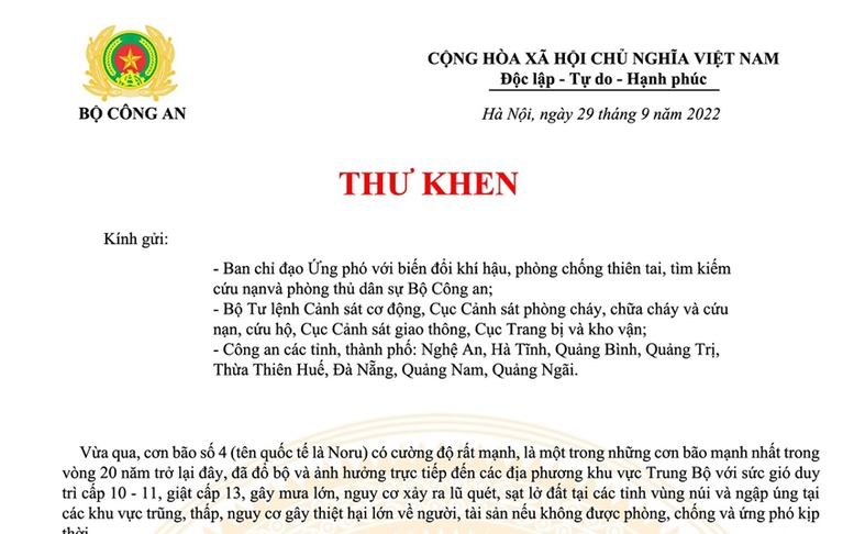 Bộ trưởng Bộ Công an khen Công an các đơn vị, địa phương trong công tác ứng phó với bão số 4