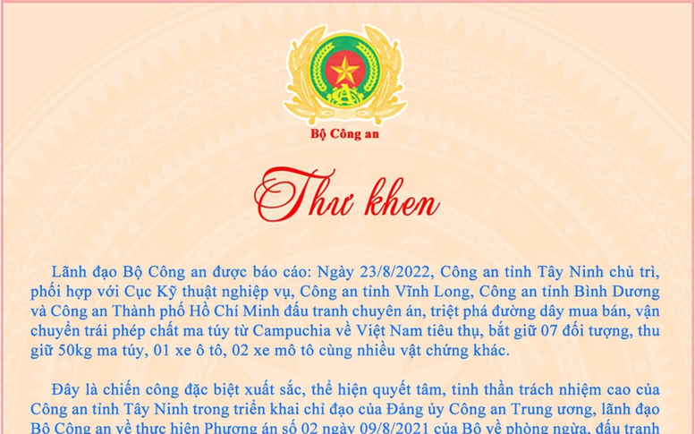 Khen Công an tỉnh Tây Ninh triệt phá đường dây mua bán, vận chuyển trái phép chất ma túy