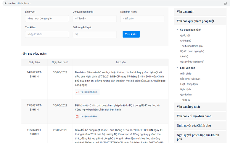 Các văn bản QPPL do Bộ KH&CN chủ trì xây dựng được tìm thấy dễ dàng trên Cổng TTĐT Chính phủ