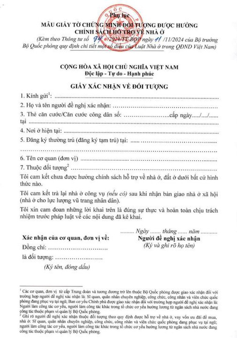 Mẫu giấy tờ chứng minh đối tượng được hưởng chính sách hỗ trợ về nhà ở trong Quân đội nhân dân- Ảnh 1.