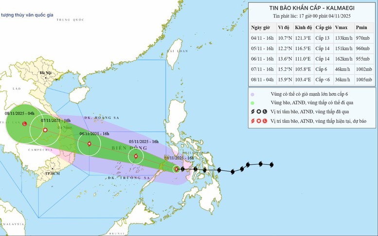Bão KALMAEGI có cường độ rất mạnh, ảnh hưởng trực tiếp đến miền Trung