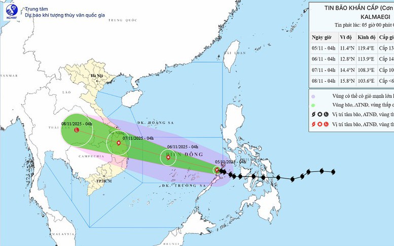 Bão số 13 Kalmaegi: di chuyển nhanh, đổ bộ đất liền Nam Trung Bộ vào khoảng đêm 6/11, rạng sáng 7/11