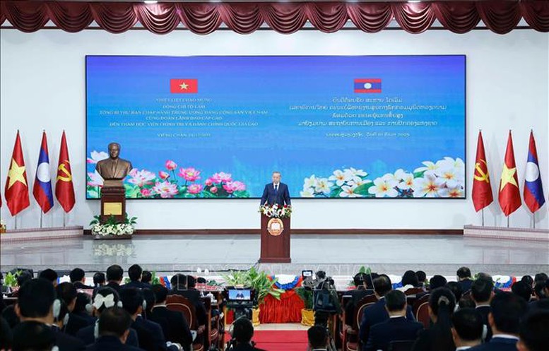 Phát biểu của Tổng Bí thư Tô Lâm tại Học viện Chính trị và Hành chính Quốc gia Lào- Ảnh 1.
