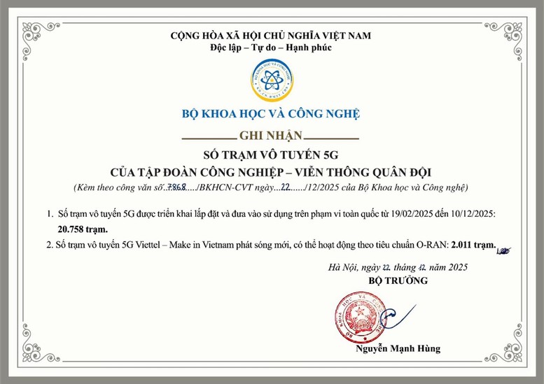 Bộ Khoa học và Công nghệ ghi nhận Viettel hoàn thành cam kết triển khai mạng 5G- Ảnh 1.