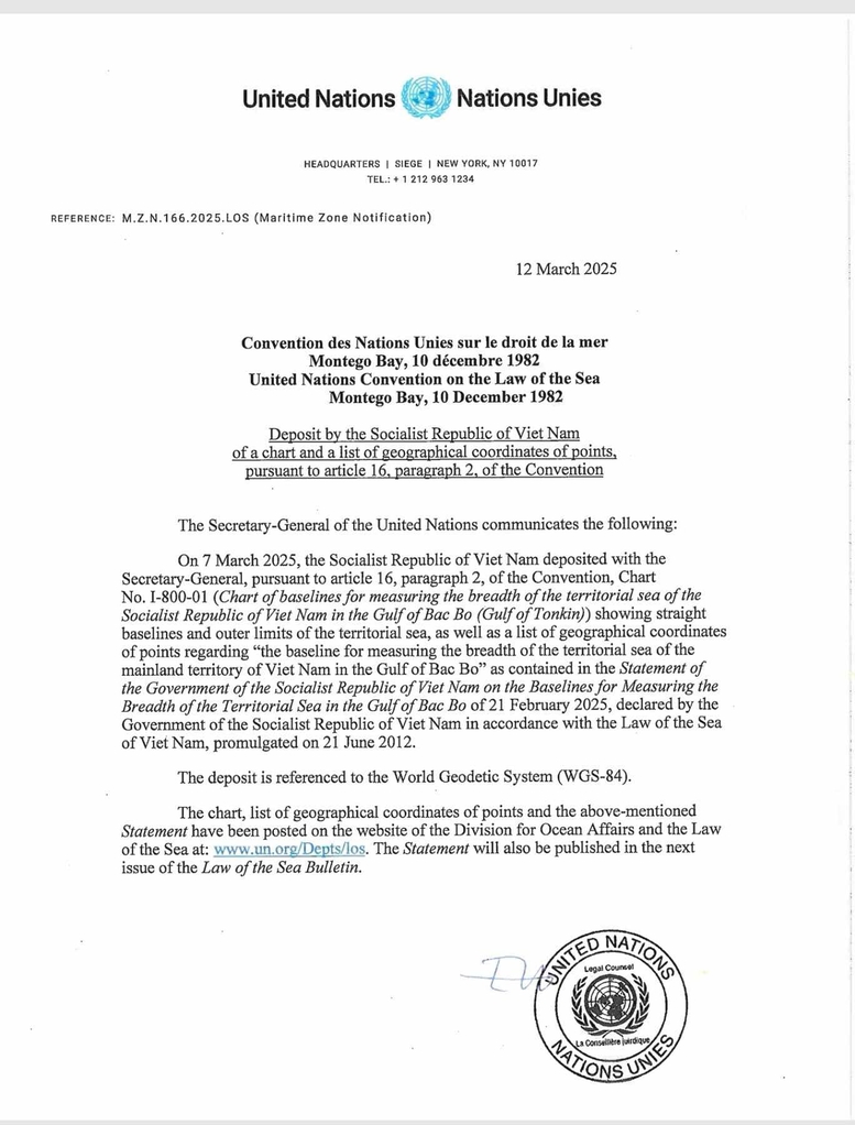 Việt Nam lưu chiểu tại Liên Hợp Quốc hải đồ và tọa độ đường cơ sở tại Vịnh Bắc Bộ- Ảnh 1.