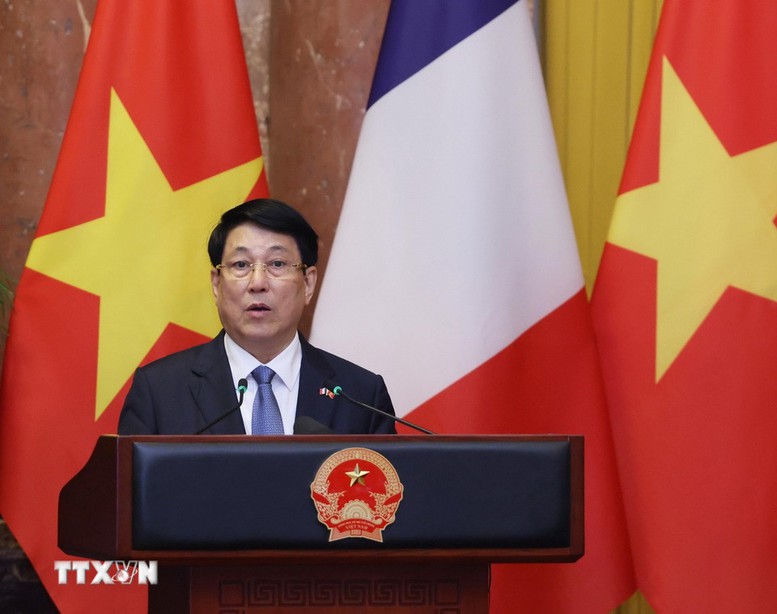Chủ tịch nước Lương Cường và Tổng thống Pháp Emmanuel Macron gặp gỡ báo chí- Ảnh 2.