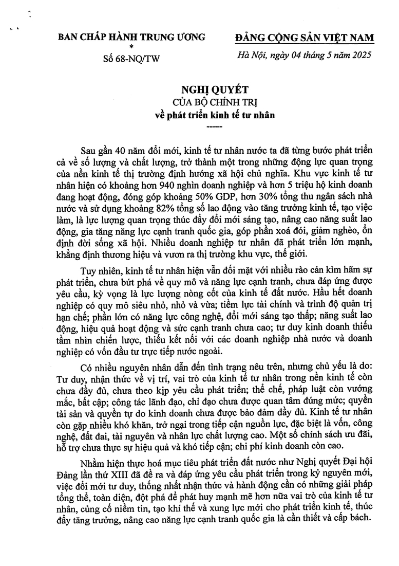 Toàn văn Nghị quyết số 68-NQ/TW về phát triển kinh tế tư nhân- Ảnh 1.