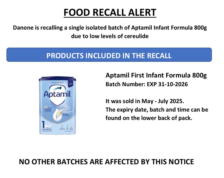 Cảnh báo ngừng sử dụng sữa Aptamil Infant Formula 800g do nhiễm độc tố- Ảnh 1.