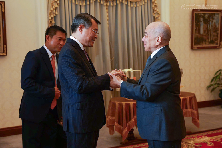 Thủ tướng Lê Minh Hưng chào Quốc vương Norodom Sihamoni và Hoàng Thái hậu Norodom Monineath Sihanouk- Ảnh 1.