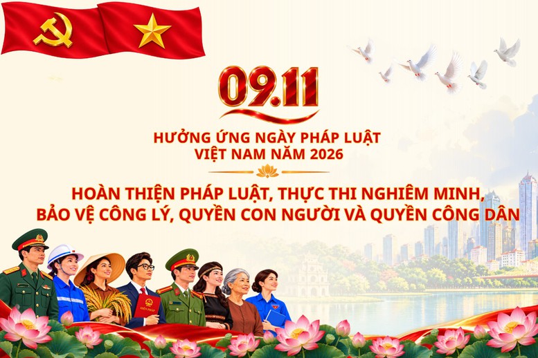 Bộ Tư pháp giới thiệu bộ nhận diện, khẩu hiệu tuyên truyền Ngày Pháp luật Việt Nam năm 2026 - Ảnh 1.