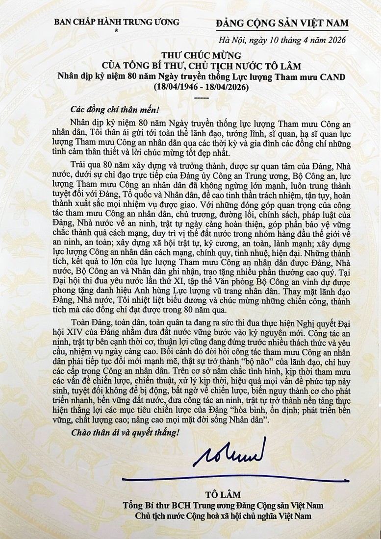 Tổng Bí thư, Chủ tịch nước Tô Lâm gửi thư chúc mừng Ngày truyền thống lực lượng tham mưu Công an nhân dân- Ảnh 1.