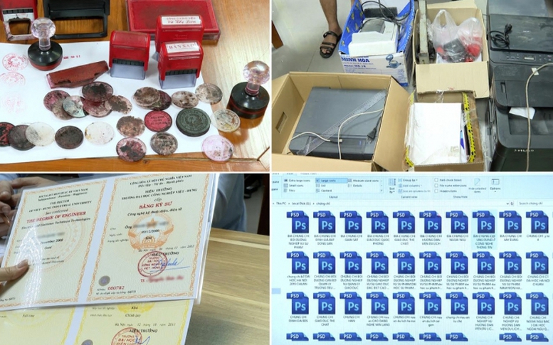 Bắt nhóm đối tượng làm giả con dấu của hơn 100 trường đại học, viện, trung tâm ngoại ngữ