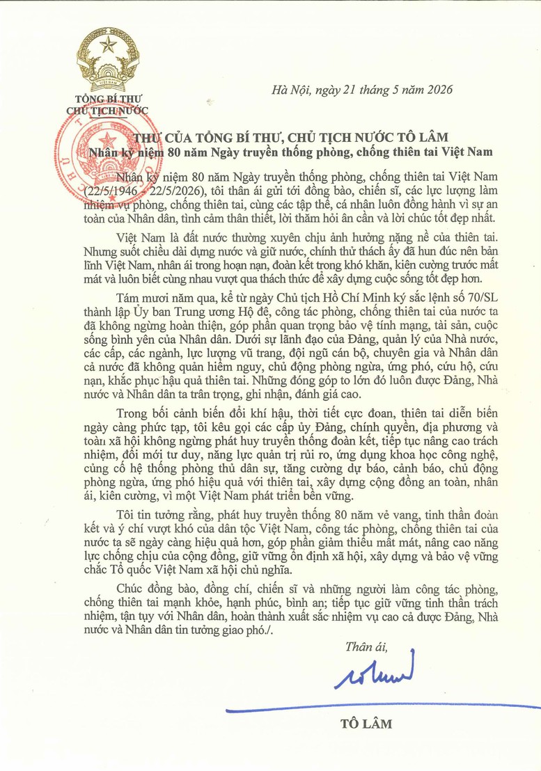 Tổng Bí thư, Chủ tịch nước Tô Lâm gửi thư nhân kỷ niệm Ngày truyền thống phòng, chống thiên tai - Ảnh 1.