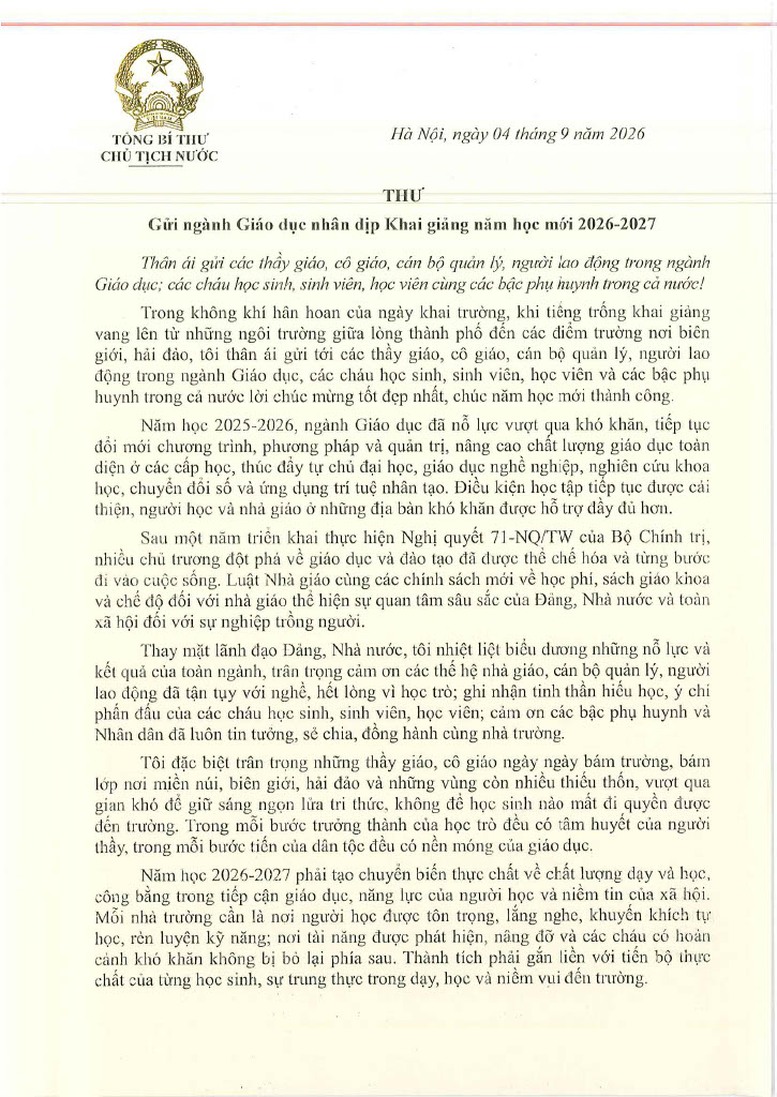 Thư của Tổng Bí thư, Chủ tịch nước Tô Lâm gửi ngành giáo dục nhân dịp Khai giảng năm học mới 2026-2027- Ảnh 1.